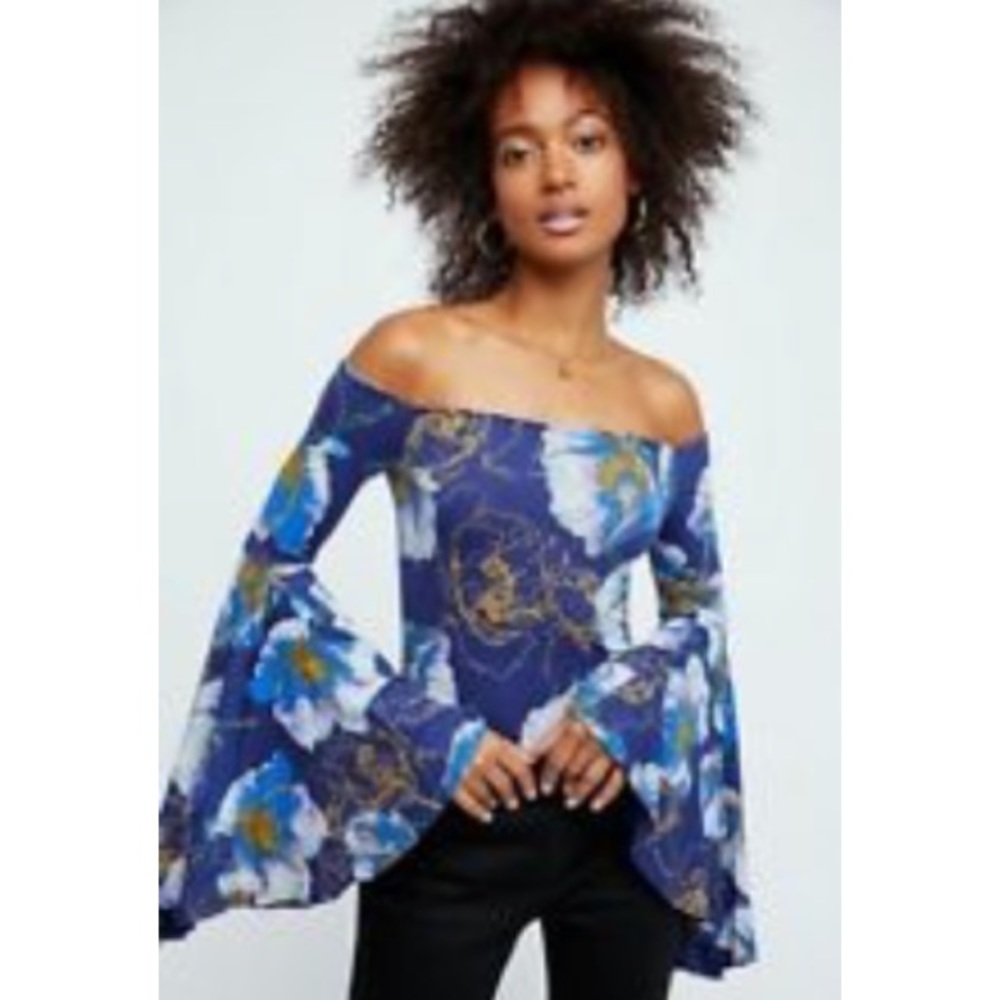 Free People Blue Floral Off-Shoulder Bell Sleeve Top